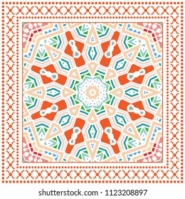 Decorative geometric ornament on white background, colorful symmetric pattern with frame. Tribal ethnic mandala decor. Bandana shawl, tablecloth fabric print, silk neck scarf, kerchief design
