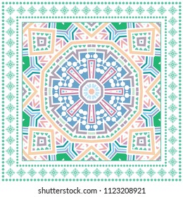 Decorative geometric ornament on white background, colorful symmetric pattern with frame. Tribal ethnic mandala decor. Bandana shawl, tablecloth fabric print, silk neck scarf, kerchief design