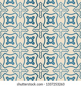 Decorative Geometric Ornament. Seamless Pattern. Vector Illustration. Tribal Ethnic Arabic, Indian, Motif. For Interior Design, Wallpaper. Blue brown color.