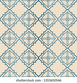 Decorative Geometric Ornament. Seamless Pattern. Vector Illustration. Tribal Ethnic Arabic, Indian, Motif. For Interior Design, Wallpaper. Blue brown color.