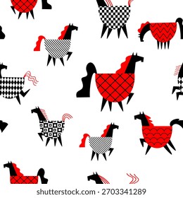Decorative geometric pattern with black and red horse figures. Vector hand-drawn illustration.
