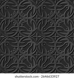 Um padrão geométrico decorativo com desenhos circulares e linhas intrincadas, adequado para fundos ou têxteis.
