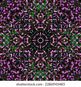Decorative geometric pattern. Seamless colorful pattern of abstract spots. For design, fashion, textile, fabric, bandana, tile, carpet, print. Vector. Mandala in violet and green colors. Kaleidoscope
