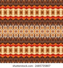 Padrão geométrico decorativo em tons de marrom, bege e vermelho, design caleidoscópio repetitivo para fundo têxtil, papel de parede ou digital. Palavras-chave: padrão, design, abstrato, geométrico, têxtil
