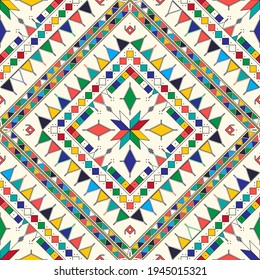 Decorative geometric repeating pattern inspired by Al-Qatt Al-Asiri traditional paintings