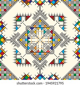 Decorative geometric repeating pattern inspired by Al-Qatt Al-Asiri traditional paintings