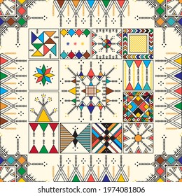 Decorative geometric repeating pattern inspired by Al-Qatt Al-Asiri traditional paintings