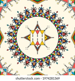 Decorative geometric repeating pattern inspired by Al-Qatt Al-Asiri traditional paintings