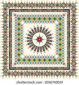 Decorative geometric repeating pattern inspired by Al-Qatt Al-Asiri traditional paintings