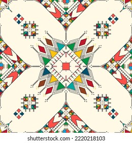 Decorative geometric repeating pattern inspired by Al-Qatt Al-Asiri traditional paintings