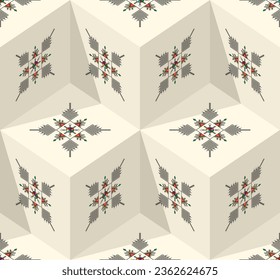 Decorative geometric repeating pattern inspired by Al-Qatt Al-Asiri traditional paintings, isometric cube vector pattern