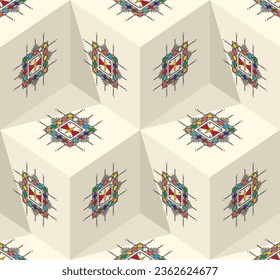 Decorative geometric repeating pattern inspired by Al-Qatt Al-Asiri traditional paintings, isometric cube vector pattern