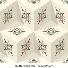 Decorative geometric repeating pattern inspired by Al-Qatt Al-Asiri traditional paintings, isometric cube vector pattern