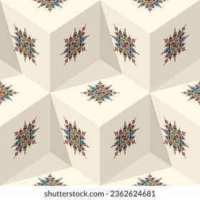 Decorative geometric repeating pattern inspired by Al-Qatt Al-Asiri traditional paintings, isometric cube vector pattern