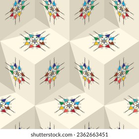 Decorative geometric repeating pattern inspired by Al-Qatt Al-Asiri traditional paintings, isometric cube vector pattern