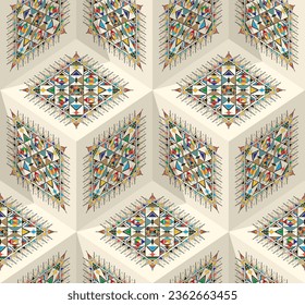 Decorative geometric repeating pattern inspired by Al-Qatt Al-Asiri traditional paintings, isometric cube vector pattern