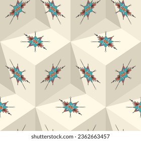 Decorative geometric repeating pattern inspired by Al-Qatt Al-Asiri traditional paintings, isometric cube vector pattern