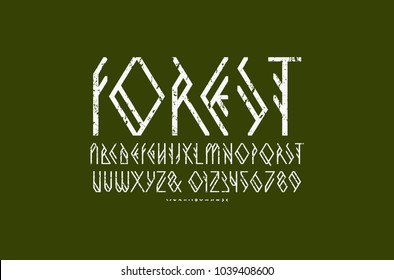 Decorative Geometric Sans Serif Font. Letters And Numbers With Rough Texture For Camping, Nature, Vegetarian Logo Design. White Print On Green Background