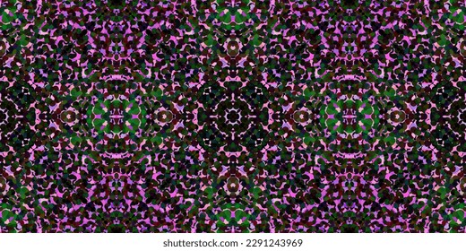 Dekoratives geometrisches, nahtloses, farbiges Muster abstrakter Flecken. Luxuriöser Hintergrund. Für Design, Mode, Textilien, Gewebe, Bandana, Fliesen, Teppich, Druck. Vektorgrafik. Mandala in Violett. Kaleidoskop