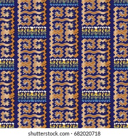 Decorative geometric seamless pattern. Ethnic tribe blue background wallpaper illustration with orange greek key meander  and  vintage vertical tile ornaments. Vector elegant texture for fabric