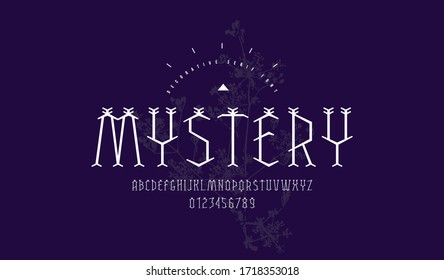Decorative geometric serif font. Letters and numbers for mystery and nature logo design. White print on color texture background