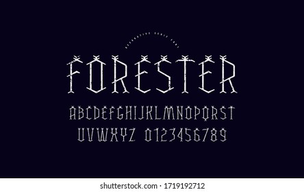 Decorative geometric serif font. Letters and numbers with vintage texture for mystery and nature logo design. White print on black background