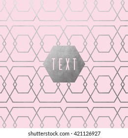 decorative geometric silver hexagon pattern, with headline text badge on rose background