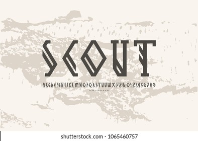 Decorative geometric slab serif font. Bold face. Letters and numbers for camping and nature logo design. Black print on color texture background