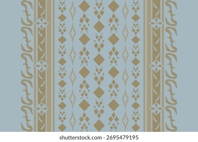 Decorative geometric stripe pattern with symmetrical gold ornaments on blue background. The rhythmic balance of diamond floral borders adds refinement, perfect for fabric trims, stationery, tapestry
