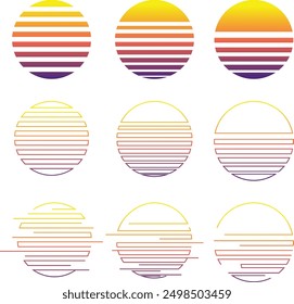 Decorative geometric striped yellow sun. Abstract retro illustration design. Set of striped sun illustration.