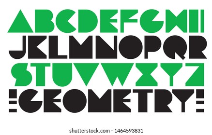 Decorative geometric vector font. Green and black letters type design