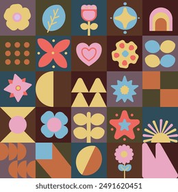 Decorative Geometric Vector Illustration with Flower and Abstract Pattern. Flat Object in Retro Colour for Banner