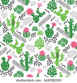 Decorative geometric vector seamless pattern with different cactus and succulents.