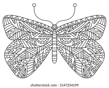 Geometría decorativa página de coloración de mariposa dibujada a mano ilustración vectorial