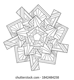 Decorative geometry mandala with striped patterns on white isolated background. For coloring book pages.