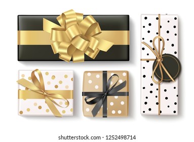 Decorative gift box with black bow for black friday sale design isolated on white. Vector New Year set. Top view