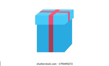 Decorative gift box with blue bow and long ribbon. Happy Father's Day text. Top view. Vector gift box isolated on white.