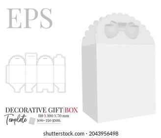 Decorative gift box with bow, Template. Vector with die cut, laser cut layers. White, clear, blank, isolated Box mock up on white background with perspective view. Packaging Design