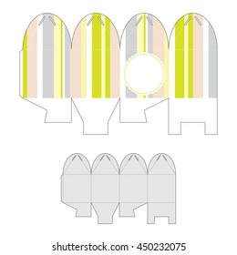 Decorative gift box. Bright striped  bonbonniere. Die-cutting vector template