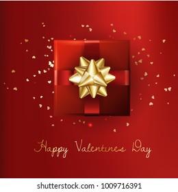 Decorative gift box with gold bow. Valentines day background with. Vector illustration. For flyers, invitation, posters, banners.EPS10