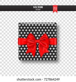 Decorative gift box with gold bow and ribbon. Vector illustration