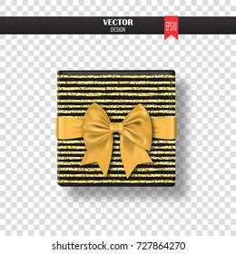 Decorative gift box with gold bow and ribbon. Vector illustration