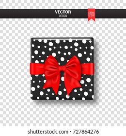 Decorative gift box with gold bow and ribbon. Vector illustration