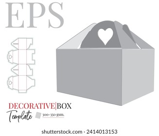 Decorative gift box with handle template, vector with die cut, laser cut layers.  Holder Illustration. White, clear, blank, isolated Box with handle mock up on white background. Packaging Design