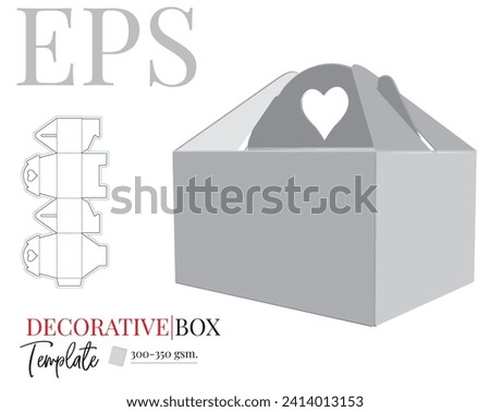 Decorative gift box with handle template, vector with die cut, laser cut layers.  Holder Illustration. White, clear, blank, isolated Box with handle mock up on white background. Packaging Design
