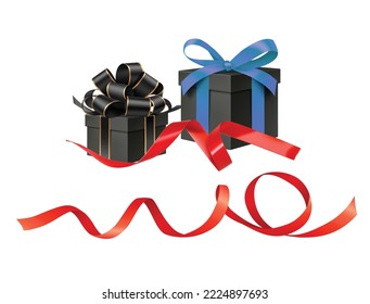 Decorative gift box with long red ribbon isolated on white background. Christmas and New Year holiday decorations. Vector illustration