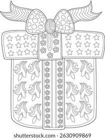 Decorative Gift Box Outline with Holiday Elements, A detailed black and white line art illustration of a gift box tied with a large decorative bow. The box is adorned with patterns of stars,