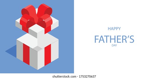 Decorative gift box with red bow and long ribbon. Happy Father's Day text. Isometric view