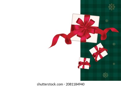 Decorative gift box with red bow. Plaid green background, New year Christmas,Vector illustration