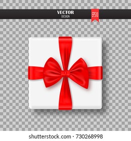 Decorative gift box with red bow and ribbon. Vector illustration.